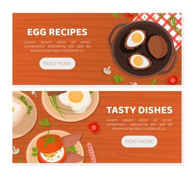 Egg recipes horizontal web banners set. Tasty culinary dishes for breakfast Stock Illustration