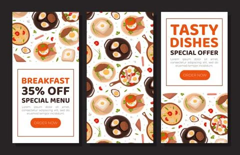Egg recipes mobile app. Tasty healthy dishes for breakfast landing pages, web Stock Illustration