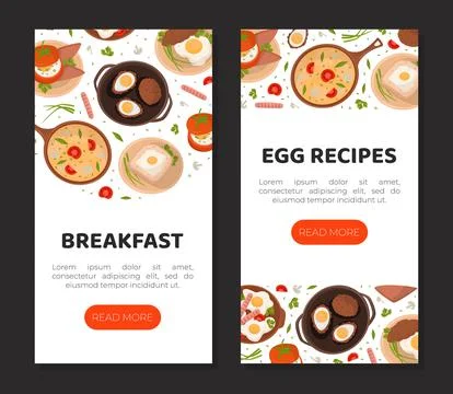 Egg recipes mobile app templates set. Tasty culinary recipes for breakfast Stock Illustration