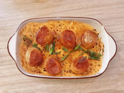Egg Roll Mentai Rice in a Ceramic Dish Stock Photos