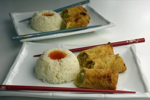 Egg rolls with rice Stock Photos