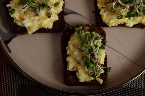 Egg salad served on dark bread with fresh sprouts at a meal setting in the Stock Photos