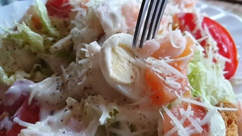Egg salad, shrimp, red fish, cheese, slow-motion Stock Footage 95265355