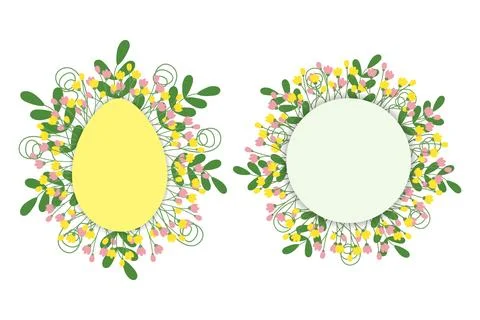 Egg shape and circle decorative frame with blossom twigs and leaves in trendy Stock Illustration