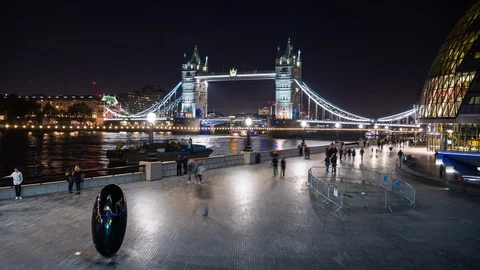 Egg shape symbol in the square of More London Riverside at night in the city of Stock Footage 113056271