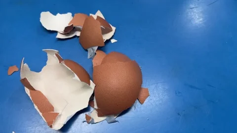 Egg shell cracked on blue table surface with empty text space Stock Footage 276677886