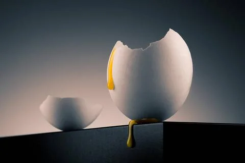 Egg shell with yolk concept image of a broken white egg shell with drippin... Stock Photos