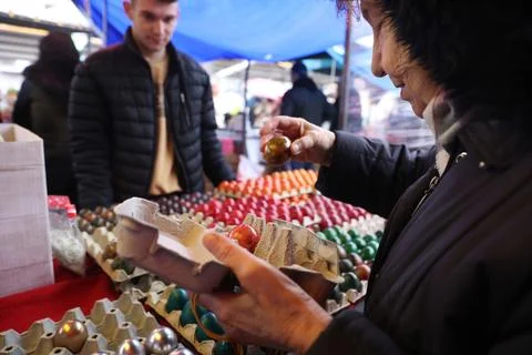 Egg-shopping ahead of Orthodox Easter in Belgrade, Serbia - 14 Apr 2023 Stock Photos