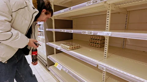 Egg shortage and empty shelves at Super U supermarket in Dijon, France. Stock Footage 329439530