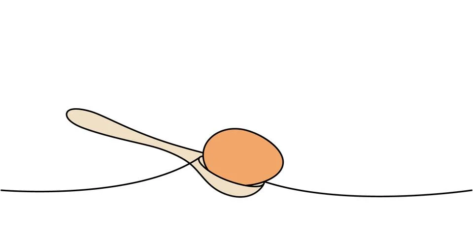 Egg on a spoon one line colored continuous drawing. Organic farm product. Vector Stock Illustration