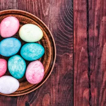 Egg, table, clay, easter, plate, wooden, rustic, holiday, background, spring, Foto stock