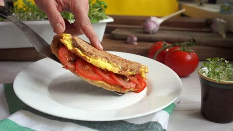 Egg toast with whole grain bread and tomatoes, healthy egg sandwich Stock Footage 131855883