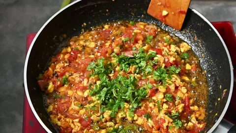 Egg, tomato, chilli, vegetable cooking in fry-pen. Super Slow motion Stock Footage 203476845