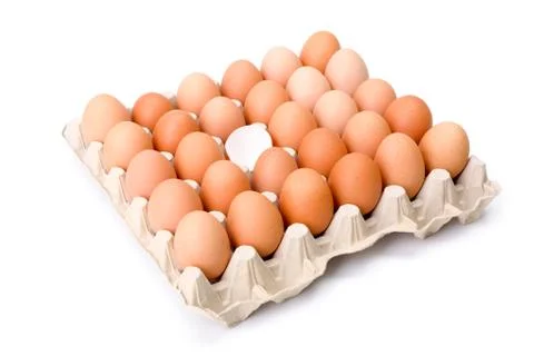 Egg tray with one broken egg shell in the middle Stock Photos