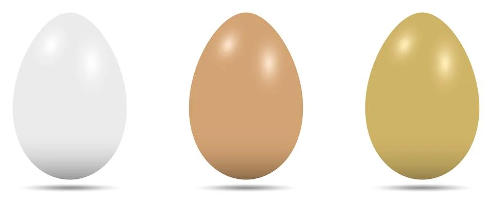 Egg vector set. Three eggs in white, brown and gold. White isolated background. Stock Illustration