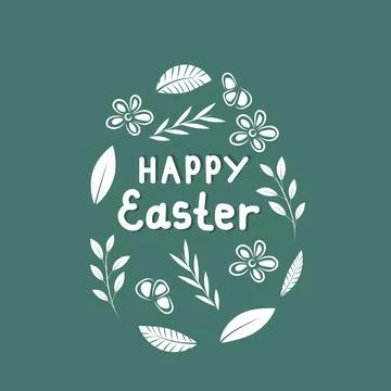 Egg with white happy Easter inscription, flowers Stock Illustration