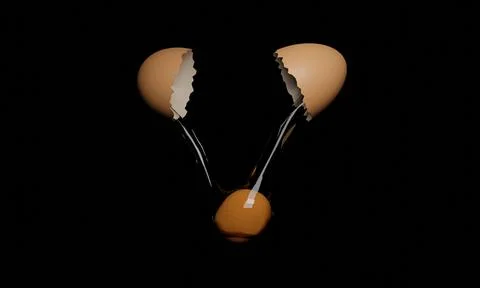 Egg yolk in a cracked egg shell on wooden table isolated black background. .. Stock-Illustration