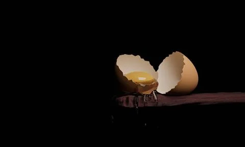 Egg yolk in a cracked egg shell on wooden table isolated black background. .. Stock-Illustration