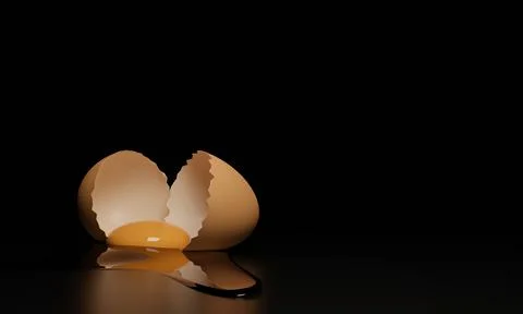 Egg yolk in a cracked egg shell on table. Reflection on surface and black b.. Stock Photos