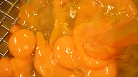Egg yolk dripping through filter grate. Egg being industrially processed. Stock Footage 256060535
