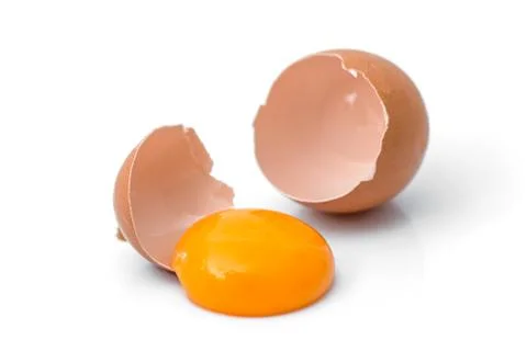 Egg yolk in egg shell, cracked egg white isolated on white background Stock Photos