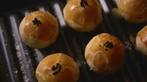 Egg Yolk Pastries Served with Hot Tea for Mid Autumn Festival Stock Footage 345669050