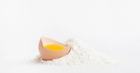 Egg yolk in a shell on flour on a light gray background Stock Photos
