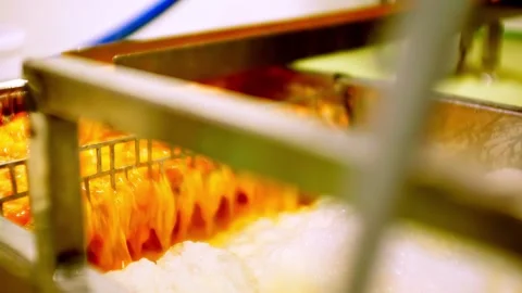 Egg yolks moving through automated poultry processing machine in food facility Stock Footage 335028957