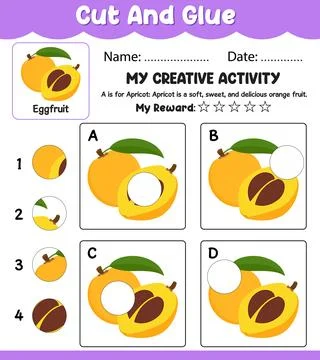 Eggfruit Cut and Match Vector Worksheet, Preschool Learning Activity with N.. Illustrazione stock