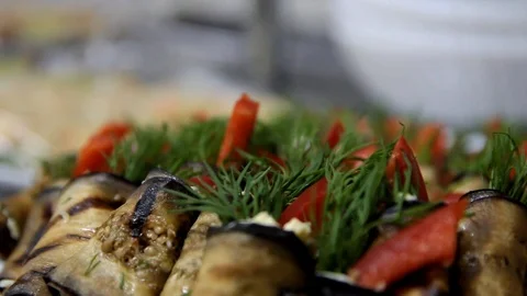 Eggplant and red pepper rolls Stock Footage 114292697