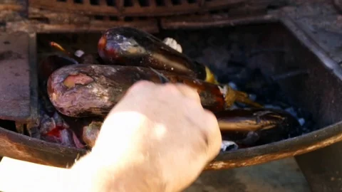 Eggplant in a barbecue fire, Stock Footage 101352878