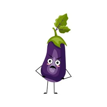 Eggplant character with angry emotions, grumpy face, furious eyes, arms and legs Illustrazione stock