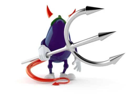 Eggplant character with devil horns and pitchfork Stock Illustration