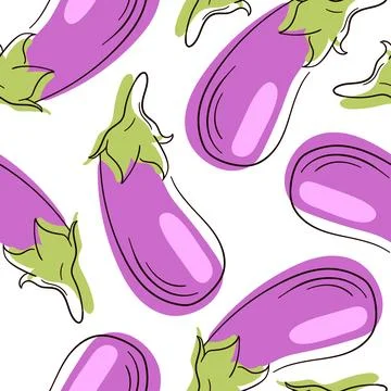 Eggplant flat style pattern. Seamless pattern with eggplant in line art. Vector Stock Illustration