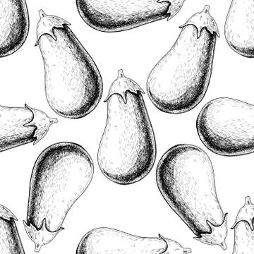 Eggplant hand drawn vector seamless pattern. Isolated Vegetable engraved st.. Stock Illustration