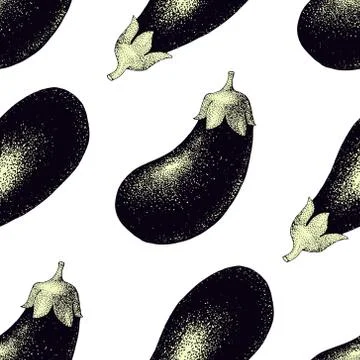 Eggplant hand drawn vector seamless pattern. Retro Vegetable engraved style Stock Illustration