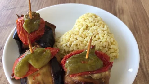 Eggplant kebab with tomato sauce. Stock Footage 288709853