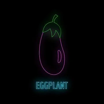 Eggplant neon glowing sign on black background Stock Illustration
