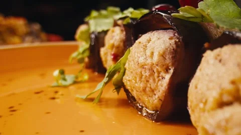 Eggplant rolls with cheese. Middle eastern arabian turkish and Georgian cuisine Stock Footage 295226019