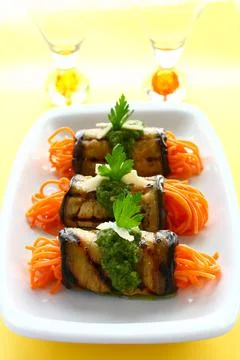 Eggplant rolls with spaghetti Stock Photos