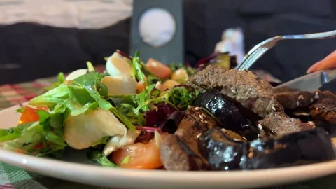 Eggplant Salad Beef roasted meat with balsamic vinegar, green beans, and arugula Stock Footage 301742996