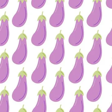 Eggplant seamless pattern with cute flat aubergine vegetables on white Illustrazione stock