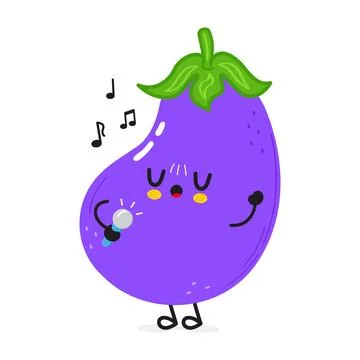 Eggplant sings into a microphone character. Vector hand drawn cartoon kawai.. Stock Illustration