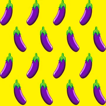 Eggplant stock vector seamless pattern on yellow background Illustrazione stock