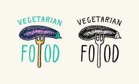 Eggplant vegetable on a fork logo. Vegetarian concept. Organic Vegan label. Farm Stock Illustration