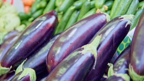 Eggplants on a market stall Video stock 100602842