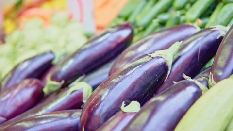 Eggplants on a market stall Video stock 100602922