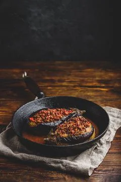 Eggplants stuffed with ground beef and tomatoes Stock Photos