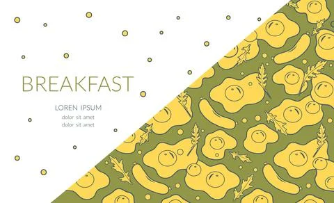 Eggs and bacon pattern with text on white and green background, suitable fo.. Stock Illustration