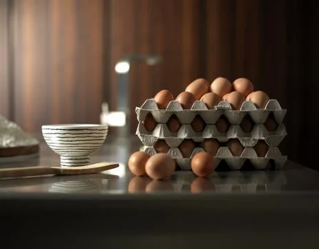 Eggs and eggs boxes on a table with a bowl Stock Photos